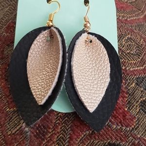 Faux Leather Black and Gold Teardrop Earrings